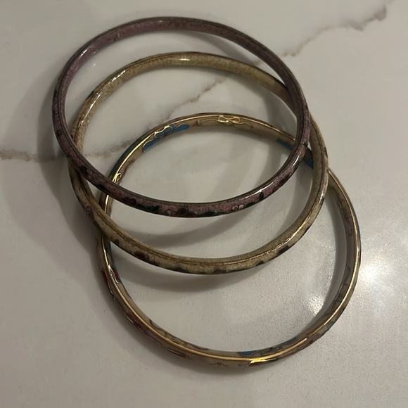 Vintage Cloisonné bangle trio in cream and mauve Set of 3 - Picture 2 of 4
